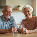 Couple senior souriant avec capsules et eau dans la cuisine