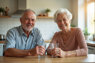 Couple senior souriant avec capsules et eau dans la cuisine