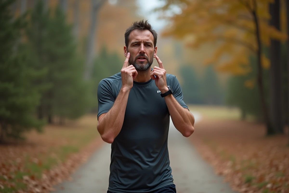 Coureur à pied s'arrêtant sur un sentier forestier en portant la main à la tempe exprimant de la fatigue et des maux de tête liés au surmenage sportif