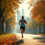 Coureur déterminé en pleine course dans un parc urbain avec skyline en arrière-plan