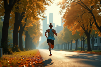 Coureur déterminé en pleine course dans un parc urbain avec skyline en arrière-plan