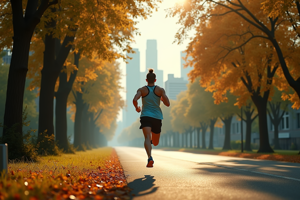 Coureur déterminé en pleine course dans un parc urbain avec skyline en arrière-plan