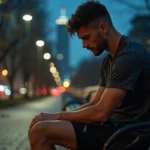 Jeune homme en course se reposant dans un parc urbain la nuit