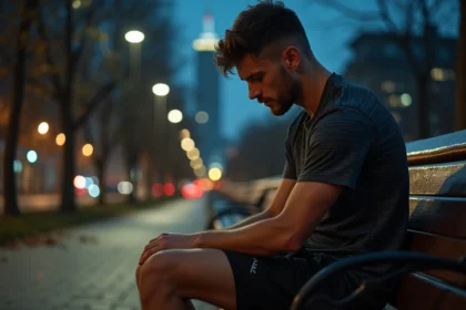 Jeune homme en course se reposant dans un parc urbain la nuit