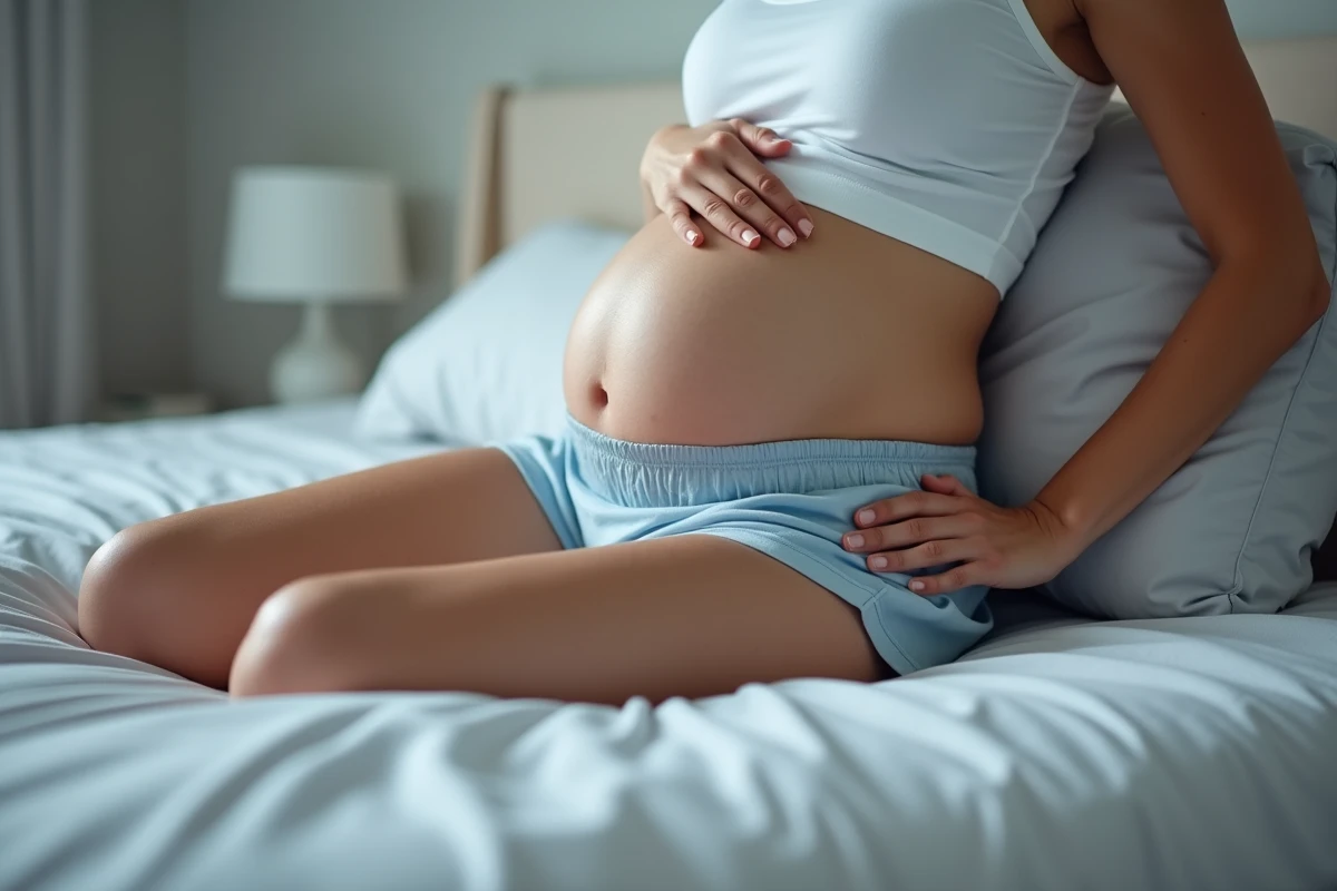 Gros plan sur le positionnement d'un coussin lombaire sous le sacrum d'une femme enceinte allongée pour réduire la douleur nocturne