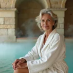 Femme en peignoir blanc se relaxant au bord d'une piscine thermale intérieure dans un établissement de cure thermale en France pour traitement des neuropathies