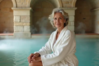 Femme en peignoir blanc se relaxant au bord d'une piscine thermale intérieure dans un établissement de cure thermale en France pour traitement des neuropathies