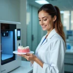 Dentiste féminin examinant une prothese dentaire 3D