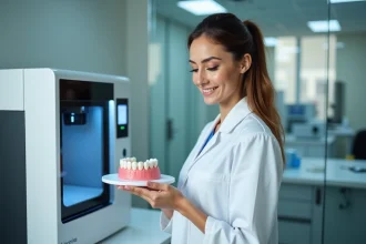 Dentiste féminin examinant une prothese dentaire 3D