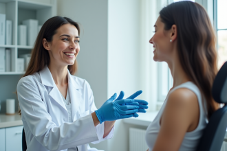Dermatologue en consultation avec une patiente jeune