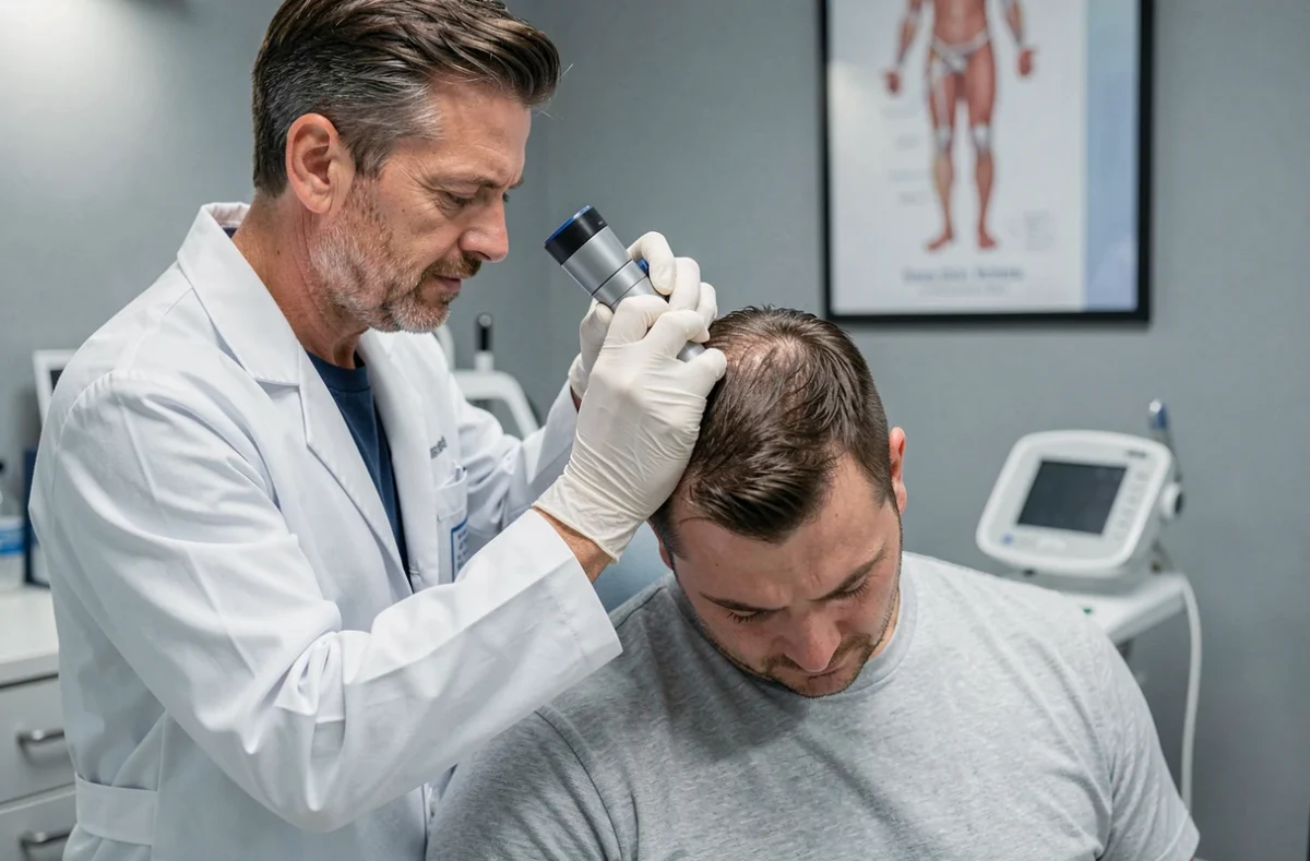 Dermatologue examinant le cuir chevelu d'un patient avec un dermatoscope dans une clinique médicale