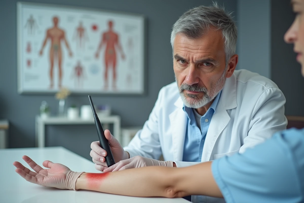 Dermatologue examinant une irritation cutanée sur l'avant-bras d'un patient avec un dermatoscope en consultation médicale