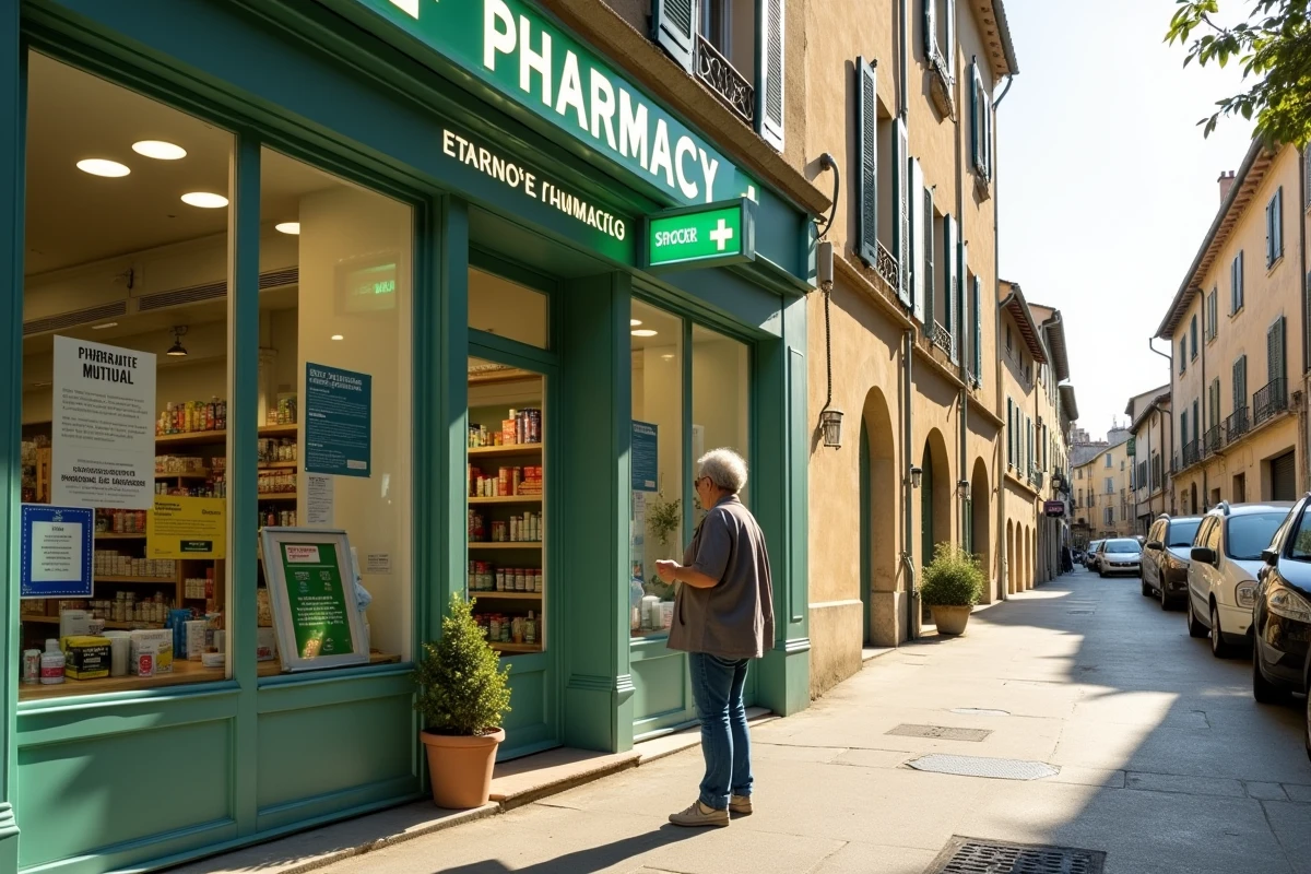 Devanture d'une pharmacie à Gardanne avec affiche sur les mutuelles acceptées et le tiers payant visible en vitrine