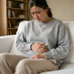 Femme tenant son côté gauche du bas-ventre avec une expression de gêne abdominale, assise sur un canapé blanc dans un salon épuré