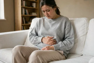 Femme tenant son côté gauche du bas-ventre avec une expression de gêne abdominale, assise sur un canapé blanc dans un salon épuré