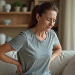 Femme tenant son bas du dos gauche douloureuse assise sur un canapé, illustrant la douleur dorsale gauche liée aux troubles digestifs
