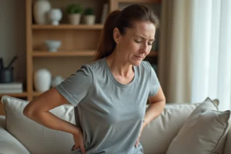Femme tenant son bas du dos gauche douloureuse assise sur un canapé, illustrant la douleur dorsale gauche liée aux troubles digestifs