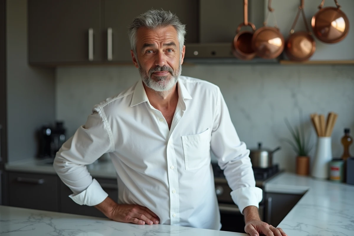 Homme d'âge mûr avec douleur au bas du dos gauche dans une cuisine moderne, lien entre douleur dorsale et système digestif