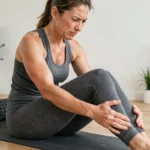 Femme athlétique massant ses muscles douloureux après une perte de poids rapide sur un tapis de yoga à domicile