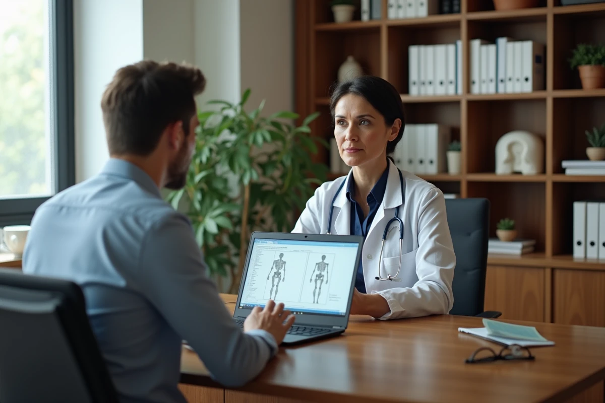 Endocrinologue en consultation avec un patient adulte de petite taille dans un bureau médical