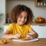 Fille souriante de 6 ans tartinant du beurre de cacahuete