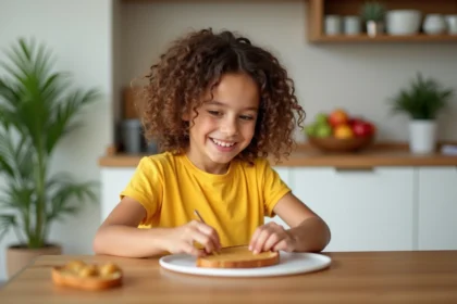 Fille souriante de 6 ans tartinant du beurre de cacahuete
