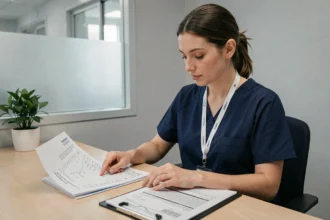 Ergothérapeute femme consultant une grille salariale dans un bureau hospitalier de la fonction publique