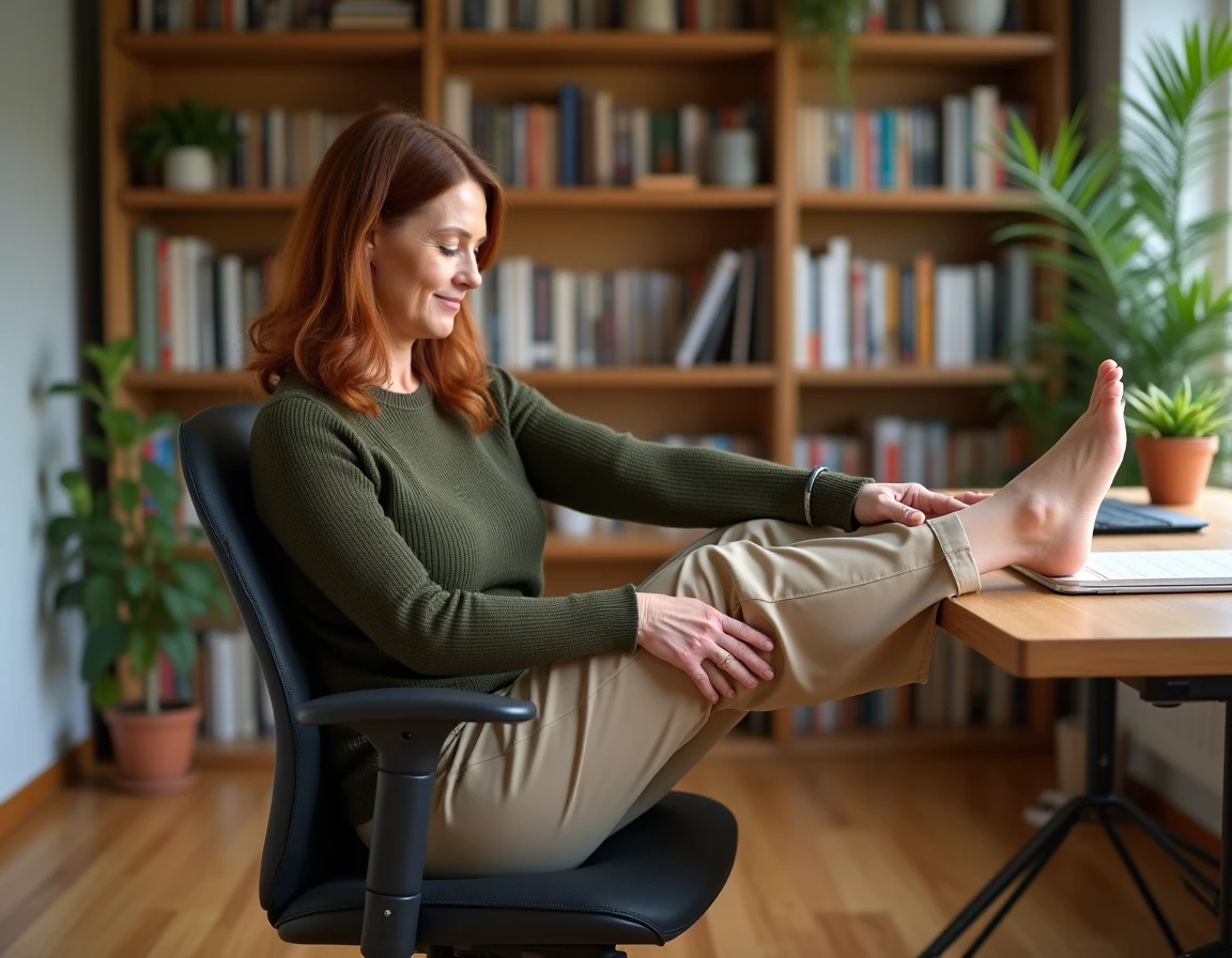 Femme effectuant un étirement assis du piriforme sur sa chaise de bureau pour soulager la sciatique pendant le télétravail