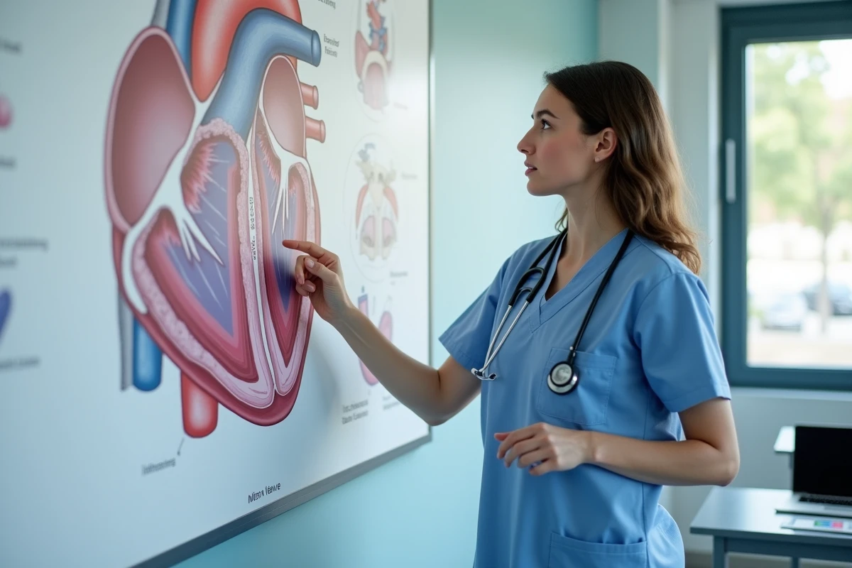 Étudiante en médecine étudiant le foyer d'auscultation mitral sur un schéma anatomique du cœur humain