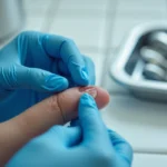Médecin examinant un ongle arraché sur le doigt d'un patient en cabinet médical, gants bleus nitrile