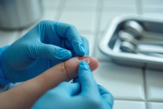 Médecin examinant un ongle arraché sur le doigt d'un patient en cabinet médical, gants bleus nitrile