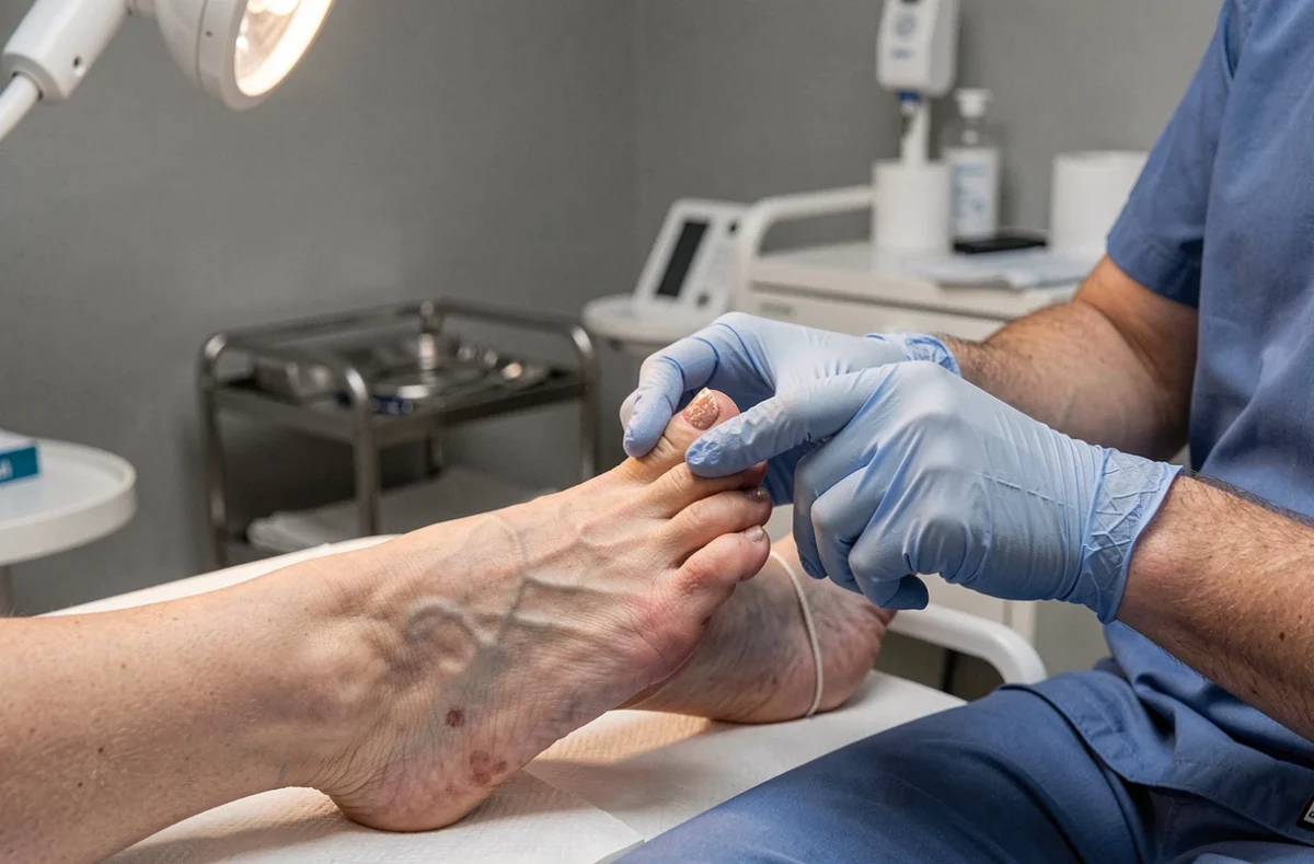 Podologue examinant un ongle de pied épais présentant des signes de psoriasis unguéal