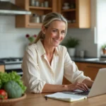 Femme de 40 ans souriante devant un ordinateur portable avec un bol de légumes frais dans une cuisine moderne, illustrant un blog minceur sain