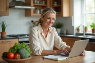 Femme de 40 ans souriante devant un ordinateur portable avec un bol de légumes frais dans une cuisine moderne, illustrant un blog minceur sain