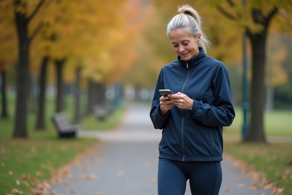 Femme active d'une cinquantaine d'années consultant son téléphone dans un parc en automne, représentant la motivation minceur après 40 ans