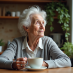Femme âgée pensant avec une tasse dans un intérieur chaleureux