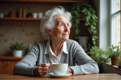Femme âgée pensant avec une tasse dans un intérieur chaleureux