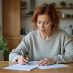 Femme d'une quarantaine remplissant des papiers d'aide