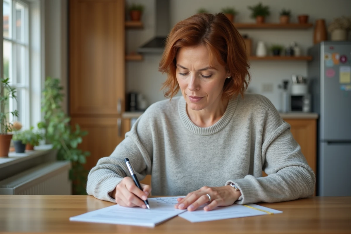 Femme d'une quarantaine remplissant des papiers d'aide
