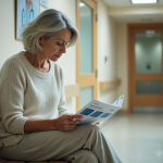 Femme en attente dans un hôpital lisant une brochure médicale