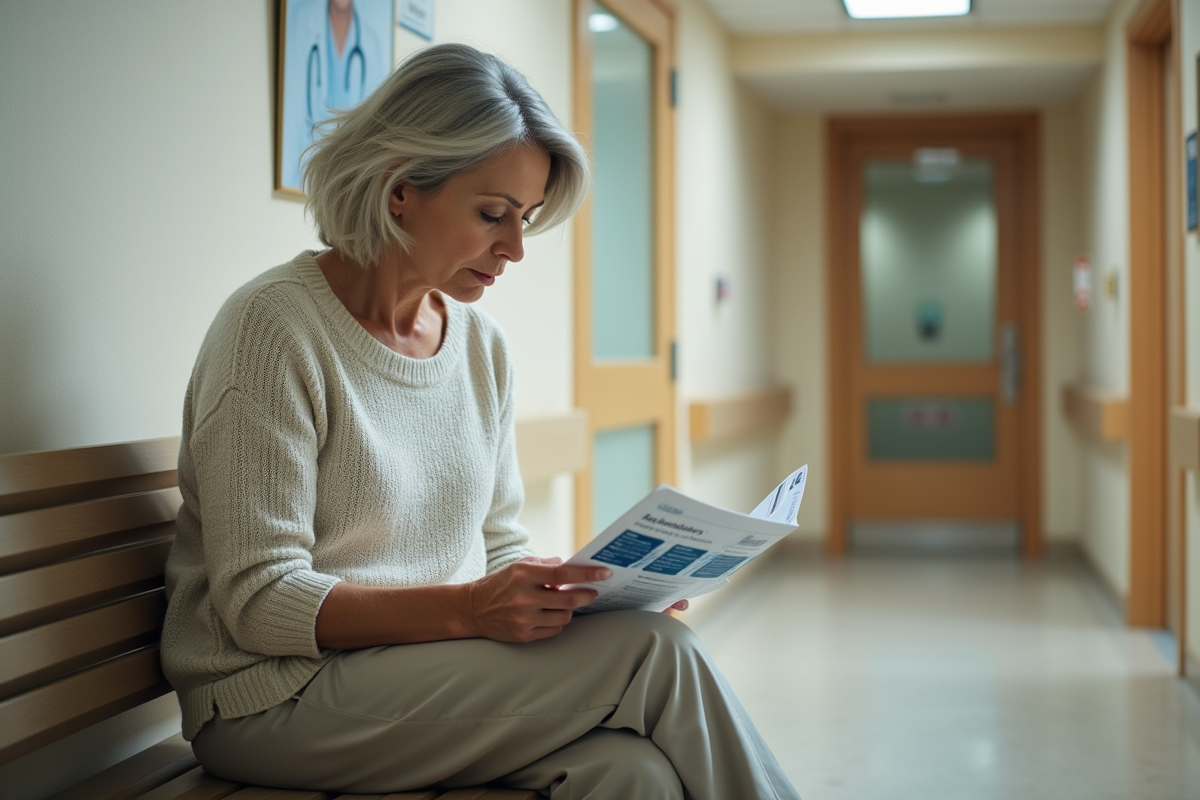 Femme en attente dans un hôpital lisant une brochure médicale