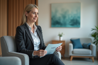 Femme en salle d'attente moderne avec brochure TMS