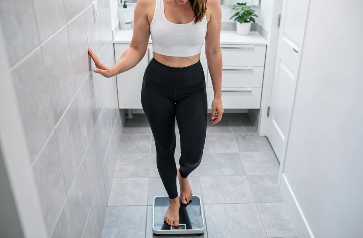 Femme se pesant sur une balance numérique dans une salle de bain pour suivre son poids idéal