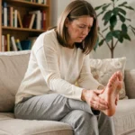 Femme d'âge mûr tenant son pied nu avec une expression préoccupée, assise dans un salon, illustrant la sensation de brûlure et de fourmillement aux pieds