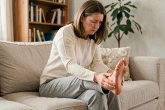 Femme d'âge mûr tenant son pied nu avec une expression préoccupée, assise dans un salon, illustrant la sensation de brûlure et de fourmillement aux pieds