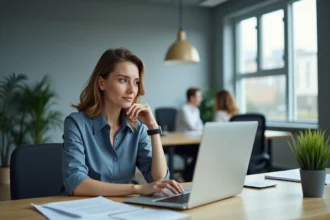 Femme au bureau semblant fatiguée en train de travailler sous antidépresseurs comme le Brintellix