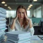 Femme d'une quarantaine d'années au bureau fatiguée