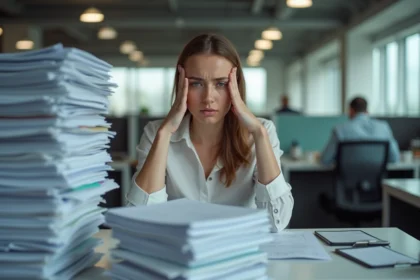 Femme d'une quarantaine d'années au bureau fatiguée