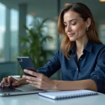 Femme professionnelle au bureau utilisant ordinateur et smartphone