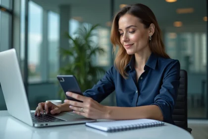 Femme professionnelle au bureau utilisant ordinateur et smartphone